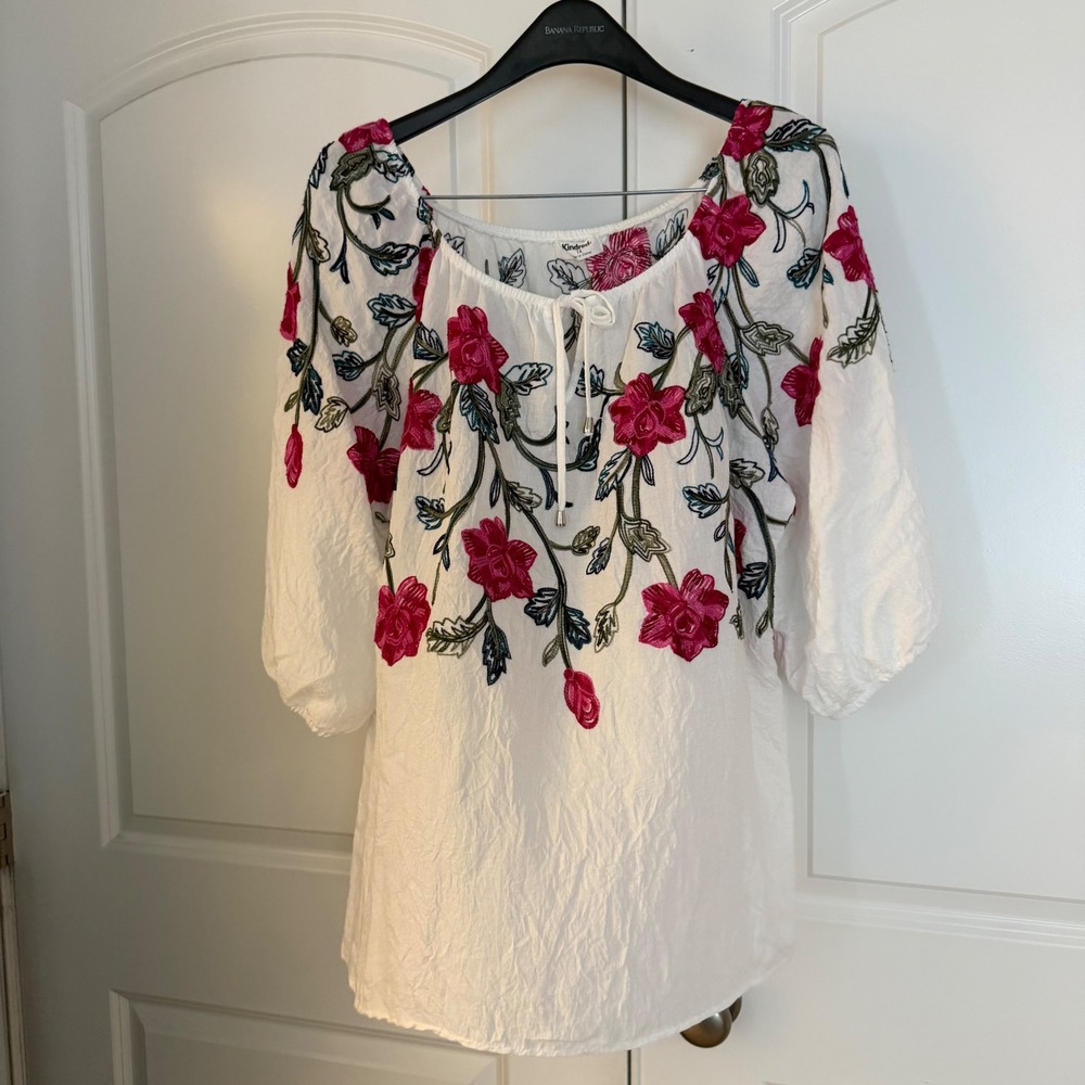 Kindred Womens 1X White Floral Embroidered Peasant Blouse Boho Tunic Top Pink